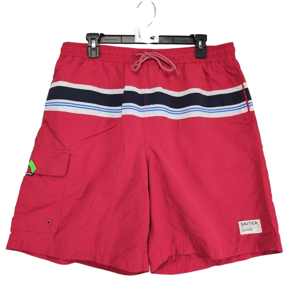 Vtg Nautica Red Striped Swim Trunks Shorts Men's L Mesh Lined Elastic Waist Y2K